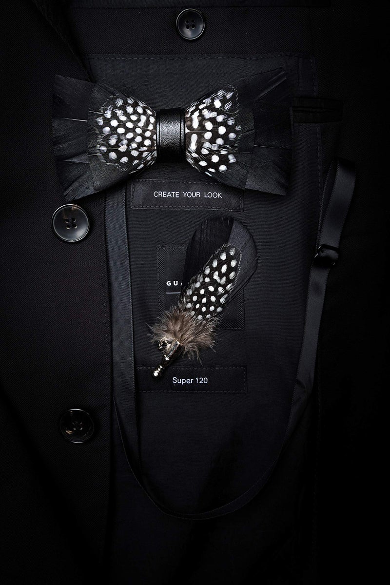 RBOCOTT Mens Handmade Feather Pre-tied Bow tie and Brooch Sets (black/white) - Image 4